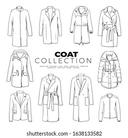 Doodle set of Coat Collection – Duffle Coat, Eggshape, A-Line, Parka, Straight Cut, Down Coat, trenchcoat, Short Coat, blazer, Blouson, hand-drawn. Vector sketch illustration isolated over white back