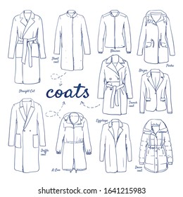 Doodle set of Coat Collection – Duffle Coat, Eggshape, A-Line, Parka, Straight Cut, Down Coat, trenchcoat, Short Coat, blazer, Blouson, hand-drawn. Vector sketch illustration isolated over white back