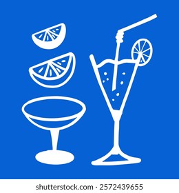 doodle set of cocktail, lime and champagne glass