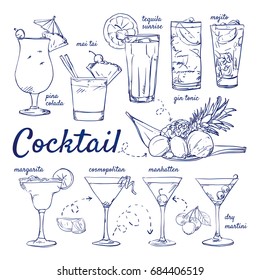 Juego de caracoles de Cocktails - pina colada, mai tai, tequila sunrise, gin tonic, mojito, margarita, cosmopolita, Manhattan, martini, dibujado a mano. Ilustración de esbozo del vector aislada sobre fondo blanco.