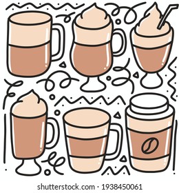 Doodle-Set Kaffeetassen handgezeichnet mit Symbolen und Design-Elementen
