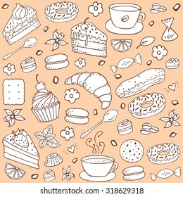 Doodle set. Coffee and  bakery background.