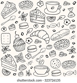 Doodle set - coffee, bakery  isolated on white background