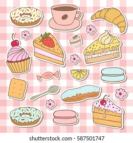 Doodle set - coffee, bakery stickers. Dessert set.