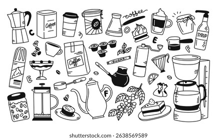 Doodle set of coffee, berries, coffee beans, sweets. Group of objects. Hand drawn linear vector isolated illustration