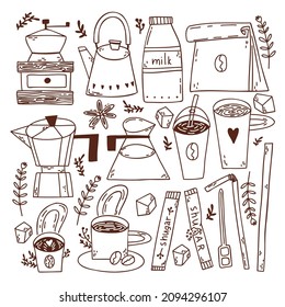 doodle set with coffee cups. preparation of coffee. doodle plants. sugar sticks. straws for drinks. vector hand-drawn illustration.