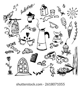 Doodle set with coffee, desserts and cozy home kitchen items
