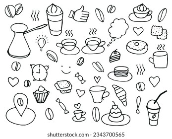 Doodle set of coffee drawings, handmade sketches. Food and Drink, fast food doodles vector set.