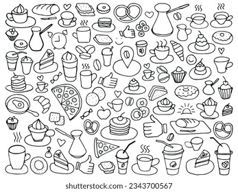 Doodle set of coffee drawings, handmade sketches. Food and Drink, fast food doodles vector set.