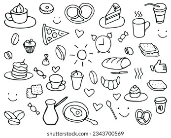 Doodle set of coffee drawings, handmade sketches. Food and Drink, fast food doodles vector set.