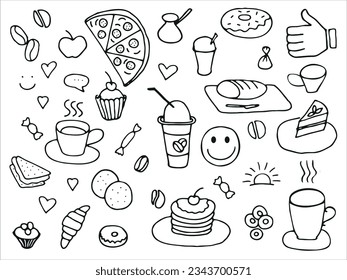 Doodle set of coffee drawings, handmade sketches. Food and Drink, fast food doodles vector set.