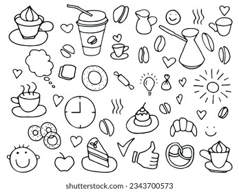 Doodle set of coffee drawings, handmade sketches. Food and Drink, fast food doodles vector set.