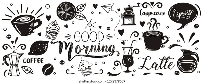 Doodle set of coffee and element on white background