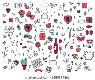 doodle set in color valentine's day. Illustrations for the holiday, large vector set.