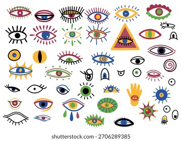 Conjunto de rabiscos de olhos coloridos. Conjunto abstrato de olhos coloridos Desenho vetorial à mão.