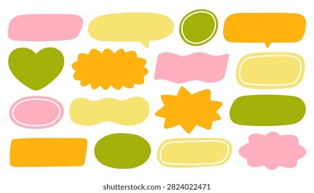 Doodle set of colorful blank speech bubbles, heart icons, wavy frames, and blank labels for social media content creation, blog templates, and marketing graphics on white background.