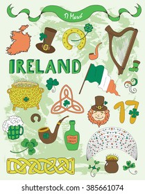 Doodle set with colorful hand drawn icons and symbols of St. Patricks Day: clover, rainbow, pot of gold, pipe, hat, horseshoe, harp, shamrock and lettering. Vector drawings and illustrations