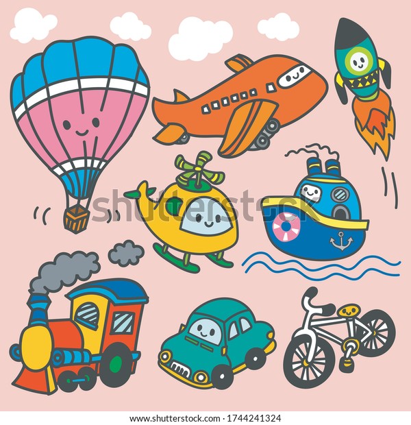 Doodle set\
of colorful transportations cartoon\
style