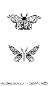 Doodle set for coloring book with cute butterflies and moths for children and adults.Vector stock illustration of black outline insect.