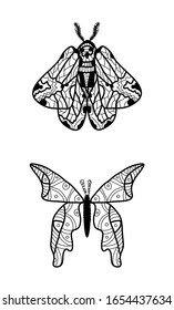 Doodle set for coloring book with cute butterflies and moths for children and adults.Vector stock illustration of black outline insect.