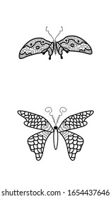 Juego de doodle para el libro de colorear con mariposas y polillas lindas para niños y adultos.Ilustración vectorial de insecto de contorno negro.