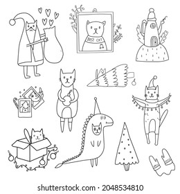 Doodle set coloring christmas theme. Santa cat, dinosaur cat, christmas tree.