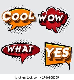 doodle Set of comic speech bubbles with words. cool, wow, what, yes comic text collection.  vector illustration