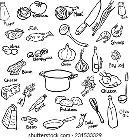 Doodle set of components and utensils for cooking dinner,hand drawn design elements