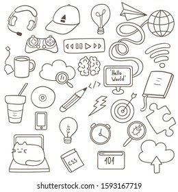 Doodle set with computer geek and gamer objects. Programming and gaming items in cartoon outline. Easy to change color. 