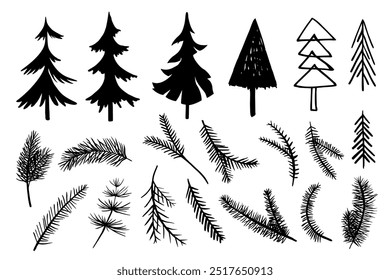 doodle set of coniferous trees and branches in different styles. silhouettes, stylized