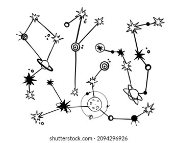 Doodle set with constellations of different shapes. doodle planets and satellites. hand drawn illustration.