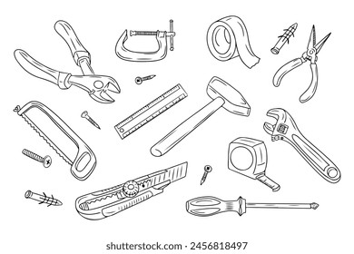 Doodle set of contour drawings of tools for repairing or plumbing. Black hand drawn outline sketchy drawings isolated on white background. Ideal for coloring pages, tattoo