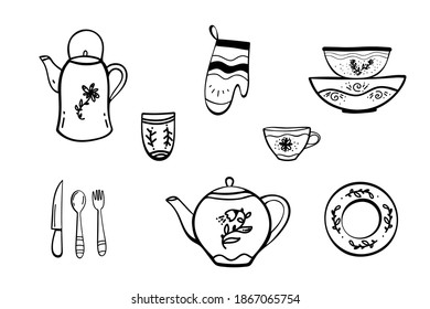 doodle set of Cook's tools and items set. Hand-drawn design elements. Vector illustration with items for cooking. knife, plates, cup, kettle, spoon black white