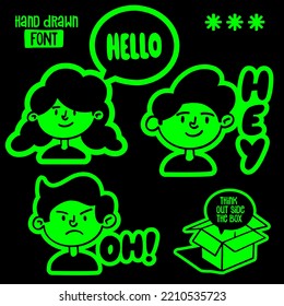 Doodle set Of Cool Retro Stickers Vector Design. Trendy Cute Smile illustration Patches.