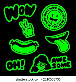 Doodle set Of Cool Retro Stickers Vector Design. Trendy Cute Smile illustration Patches.