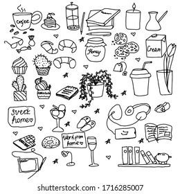Doodle set cozy and comfortable to work at home. Stay at home. Protection from a pandemic Covid-19. Quarantine positive drawing icons, home elements. Vector illustration isolated on white background.