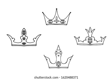 Doodle Set crown icon, black element on a white isolated background. Vector illustration for card, poster, postcard, print, invitation, wedding. Design concept