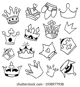 Doodle set crown line art, vector illustration.