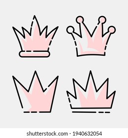 Doodle set crown line art, vector illustration.