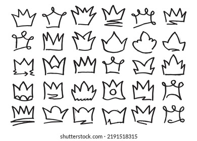 Doodle set crown line art, vector illustration.