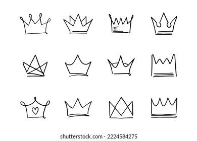 Doodle set crown line art, vector illustration.