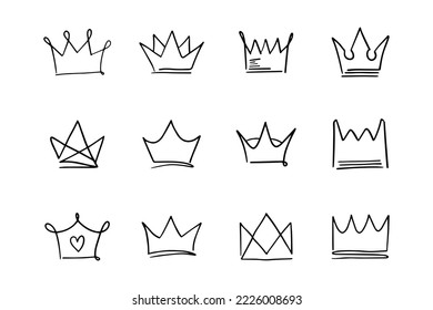 Doodle set crown line art, vector illustration.