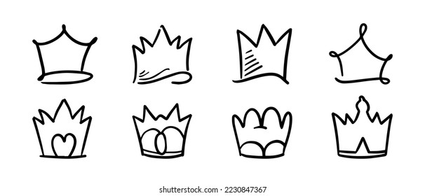 Doodle set crown line art, vector illustration.