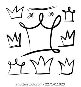 Doodle set crown line art, vector illustration.