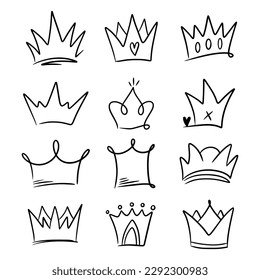 Doodle set crown line art, vector illustration.