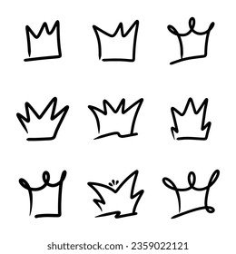 Doodle set crown line art, vector illustration.