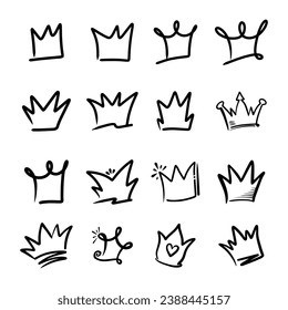 Doodle set crown line art, vector illustration.