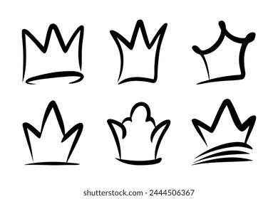 Doodle set crown line art, vector illustration.