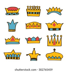 Doodle set of crowns. Hand drawn crowns. Vector illustration