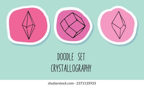 Doodle set crystallography style linart isolated icons on blue background.  Pure hand drawn artwork for beautiful logo design, tattoo, label, book, emblem, icon, greeting cards, wedding design. Vector
